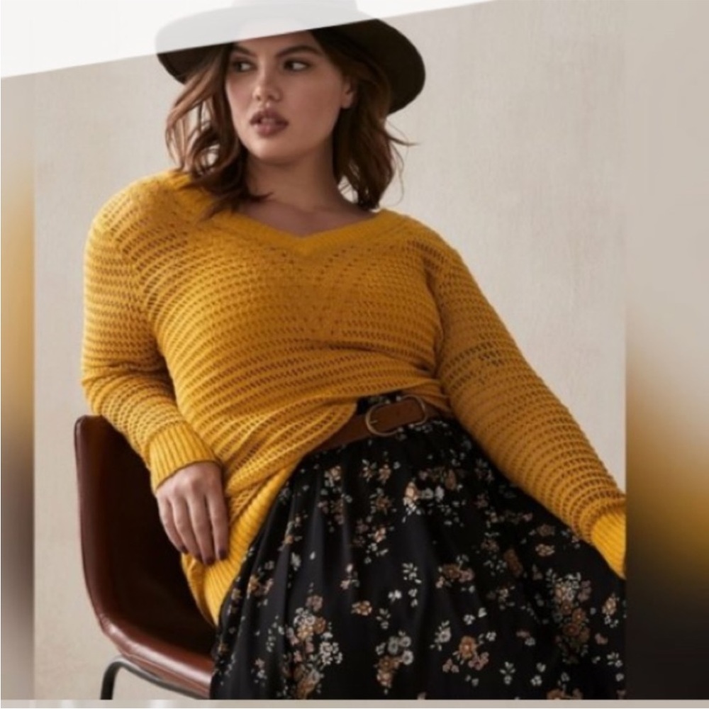 Addition Elle Open knitted slouchy V neck boho sweater in mustard yellow 3X